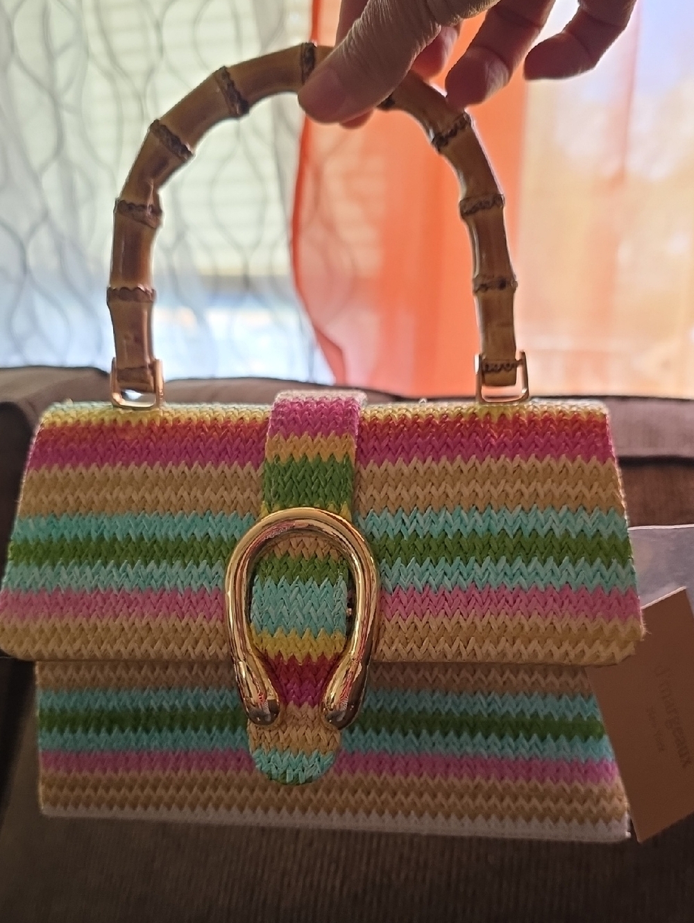 Multicolor Striped Knit Top-Handle Bag with Bamboo Handle